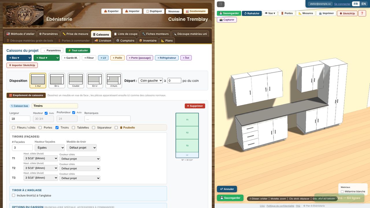 Caissons et vue 3D dans Plan B